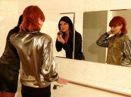 Clothed older broads walk in on naked stud in shower and do a threesome