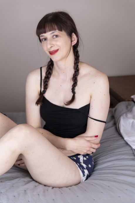 Amateur brunette with red lipstick Destine fingering her hairy pussy