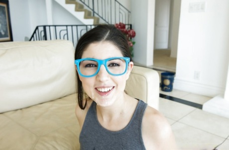 Petite brunette chick Miranda Miller takes cumshot on glasses after sex