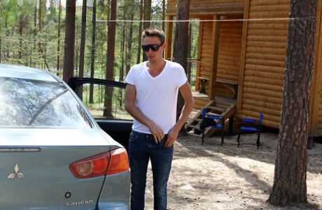 Hot teen Megan gives a POV blowjob while showing her tits in cottage country