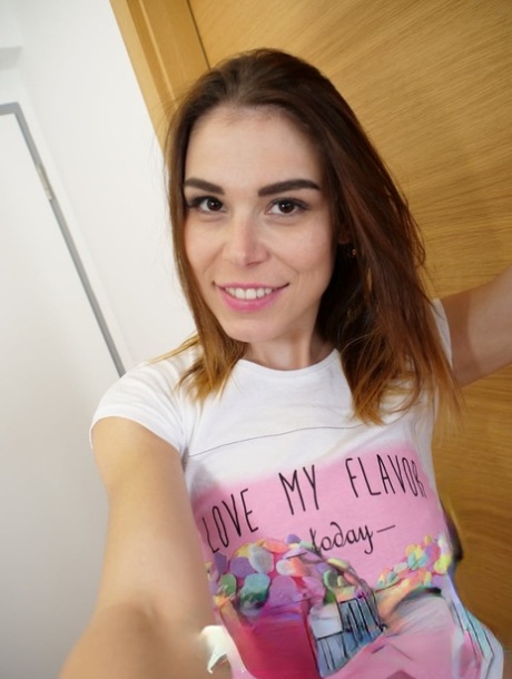 Brunette sweetie exposes her tiny boobs and fabulous ass up close