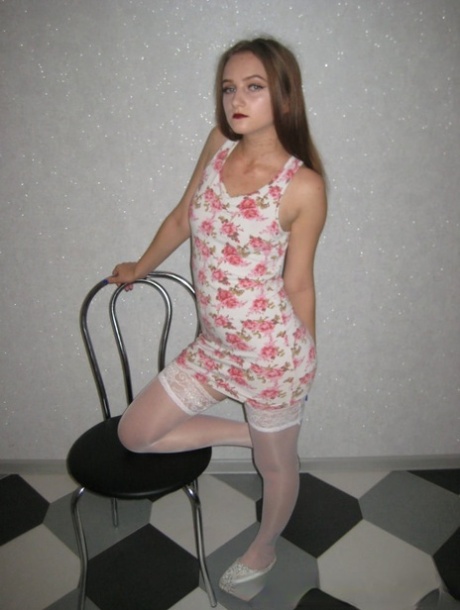 Sexy brunette teen exposes her nice tits, cute ass & tasty pussy in stockings