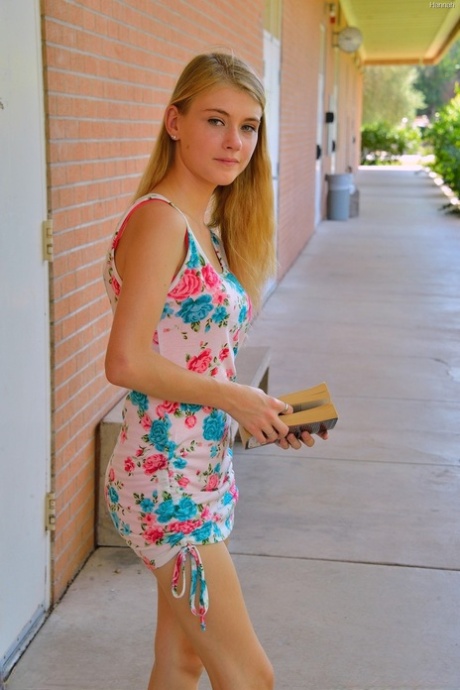Slim blonde teen Hannah exposes her shaved cunt and ass in public