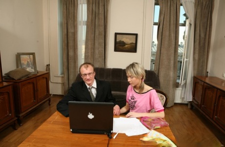 Sweet slender teen Inna pleasures an old teacher's stiff boner on a couch