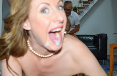 Kinky mature Lara gets two big dicks to suck in first MMF threesome with hubby