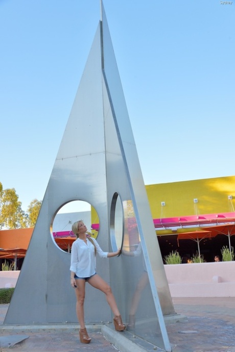 Skinny blonde teen Sydney shows her small ass and twat in public