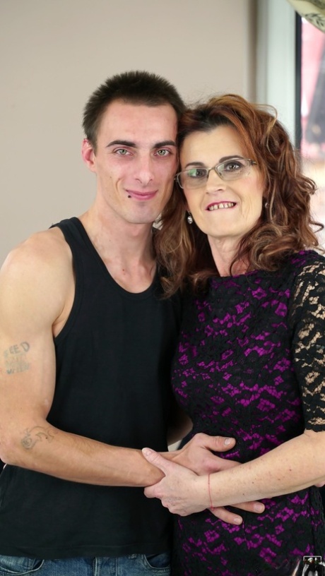 Dirty old woman Mayna May blows young man's dong, gets fucked and jizzed