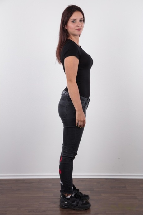 Teen first timer Nikola frees her tan lined body from a T-shirt and jeans