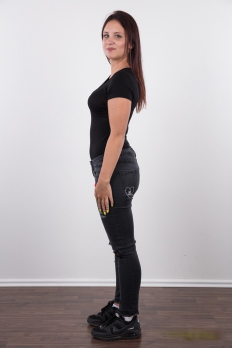 Teen first timer Nikola frees her tan lined body from a T-shirt and jeans