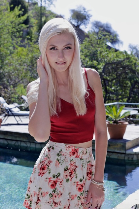 Pale blonde teen Alexa Grace flaunts tanned petite ass outdoors & spreads lips