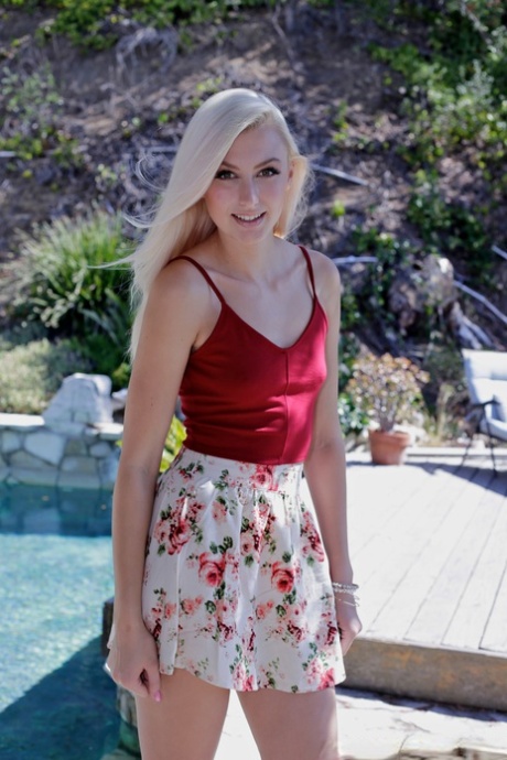 Pale blonde teen Alexa Grace flaunts tanned petite ass outdoors & spreads lips