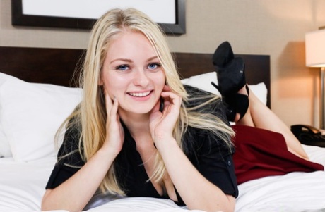 Doe eyed blonde Alli Rae exposes sweet natural tits for pov blowjob & fuck