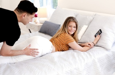 Fair skinned teen Taylor Blake touts her juicy ass prior to a POV blowjob