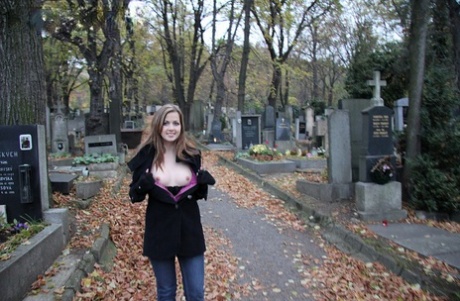 Teen amateur Abi rinses out her mouth after fucking in a cemetery