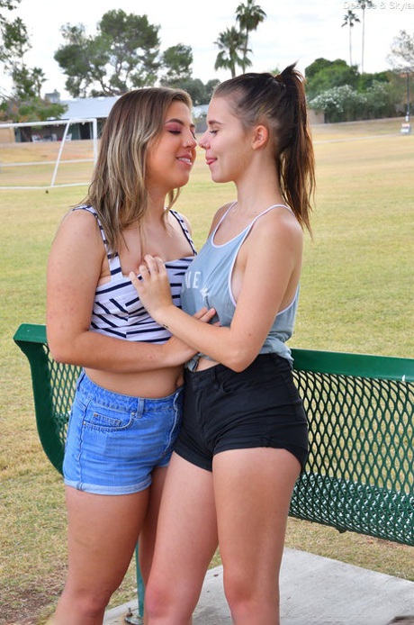 Hot lesbians Desiree & Skylar toy pussies after a public display of affection