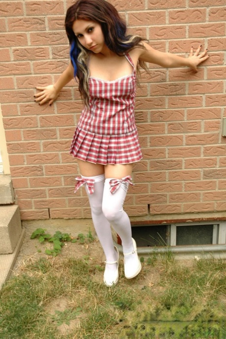 Adorable amateur schoolgirl Angel in white stockings flashes panty upskirt