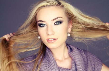 Beautiful blonde skinny girl Diana strips sexy dress to and stretches naked