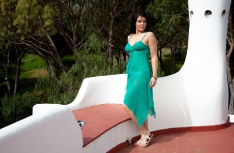 Dark haired chick reveals her natural tits and vagina as she gets naked