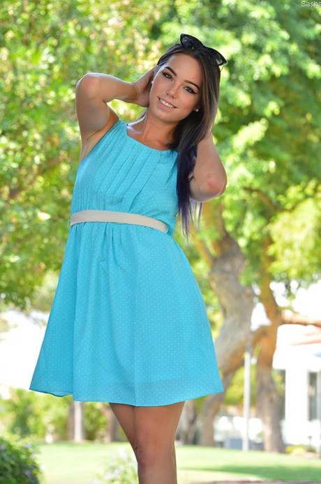 Gorgeous babe Sasha hikes her dress and reveals her tasty vagina in public