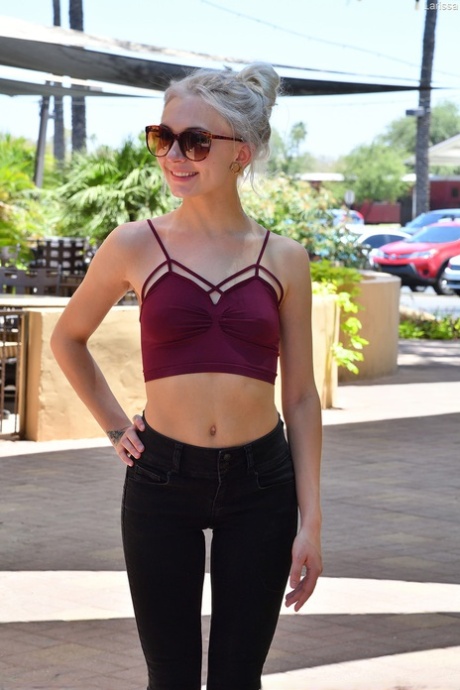 Slender amateur parks her puffy pussy on top of a suction dildo