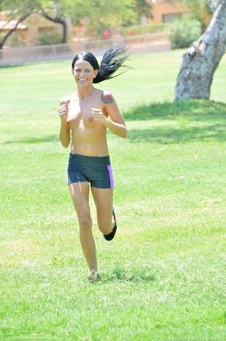 Petite jogger Mya strips nude & slides a glass sex toy in her twat in the park