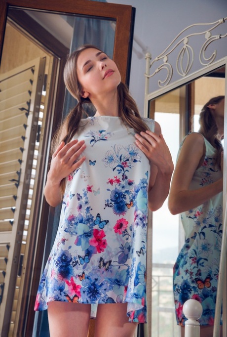 Teen Mila Azul stripping and masturbating while looking herself in the mirror