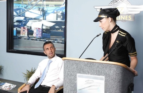 Sexy flight attendant in uniform and stockings Chanel Preston fucking