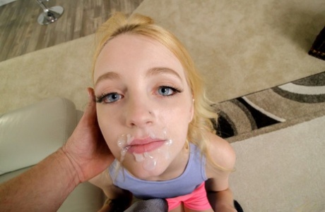 Tiny blonde teen Kate Bloom wears cum on her face and pussy after POV action