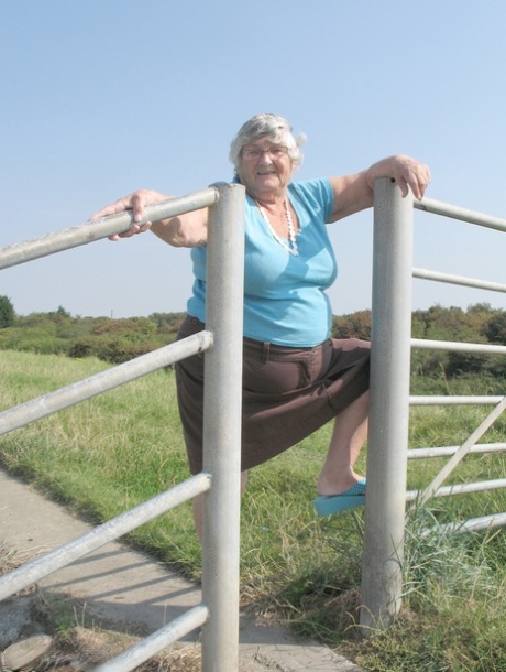 Fat old woman Grandma Libby exposes herself on a desolate bike path