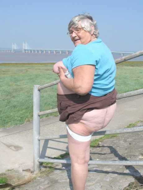 Fat old woman Grandma Libby exposes herself on a desolate bike path