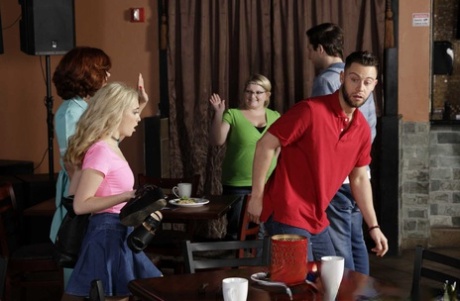 Big boobed waitress joins teen Jane Wilde & her boyfriend in a threesome