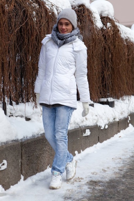 Cute teen Penelope B sheds lacy underwear to flash small tits & hairy cunt