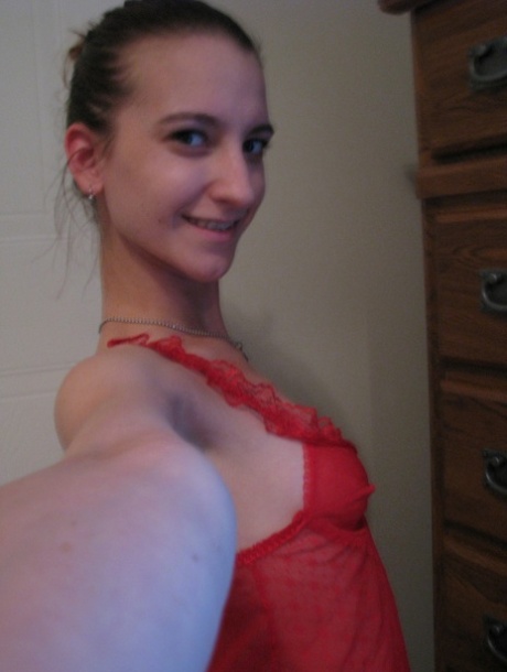 Cute amateur teen Brandi Montes poses in her red lingerie and & strips