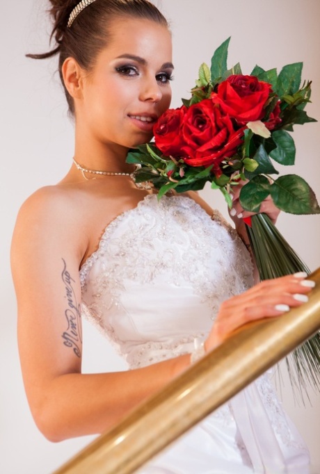 Bride with tiny tits Ferrera Gomez stripping and getting rammed in threeway