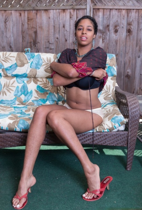 Sexy ebony Dharma Grace spreading her hairyy pussy wide for close up view